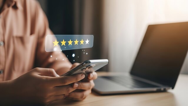 Customer feedback and online reviews man using smartphone with star rating overlay