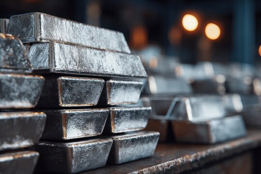 Shiny Metal Ingots Stacked in a Modern Industrial Factory - Powered by Adobe