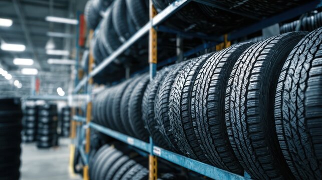 Rows of Winter Tires on Racks in a Vehicle Tire Shop - Powered by Adobe