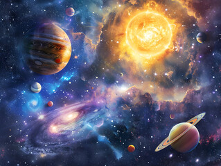 Celestial view of the solar system with planets orbiting a brilliant sun