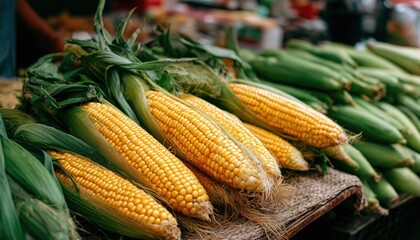 Fresh Organic Uncooked Corn Ure Photo: Corn With Leaves And Cobs At The Local Market Stall. Vibrant And Fresh Produce On Display.