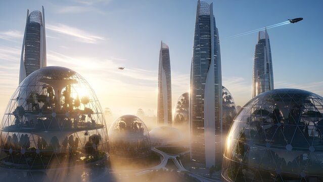 Kota futuristik bernuansa cerah dengan gedung pencakar langit modern serta kubah kaca yang berfungsi sebagai ruang hijau berkelanjutan. Aerial drone dan kendaraan terbang terlihat melintas, menekankan - Powered by Adobe