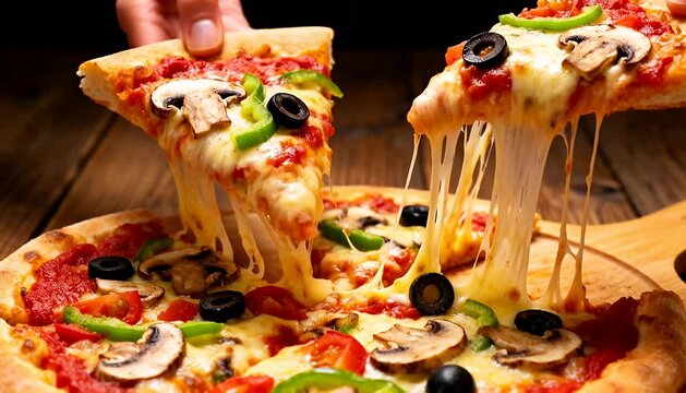 Delicious mushroom and olive pizza with stretchy cheese, baked goodness