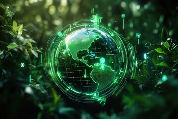 Futuristic green digital globe glowing in a lush natural forest.