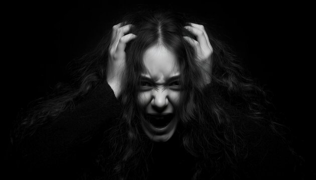 Horrifying Halloween Scene: Woman Possessed By Evil Spirits, Going Insane And Pulling Out Her Hair In A Frightening Display.