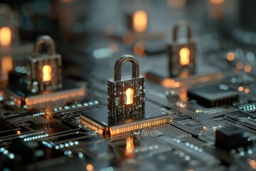 Digital Security Concept with Glowing Padlock on Circuit Board