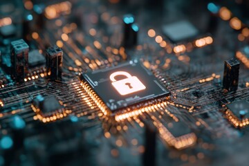 Glowing Padlock Icons on Electronic Circuit Board Background