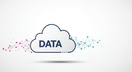 Cloud data illustration with network connections and data text on a clean white background