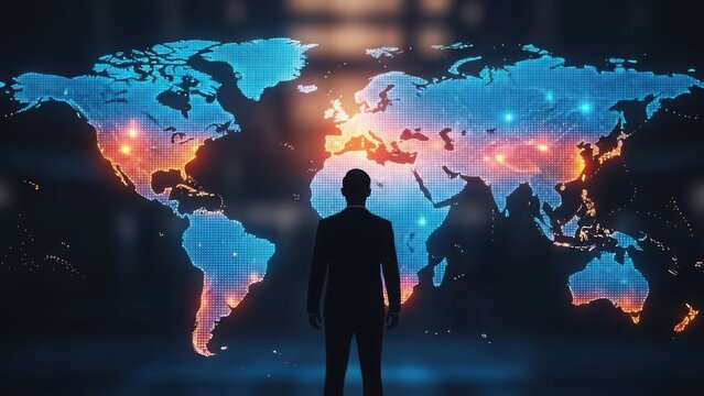 Businessman silhouette observing glowing digital world map, illustrating global network connection, business strategy, and technological future.