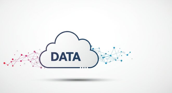Cloud data illustration with network connections and data text on a clean white background