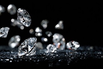 Brilliant Diamonds Freefalling on a Pure Black Surface