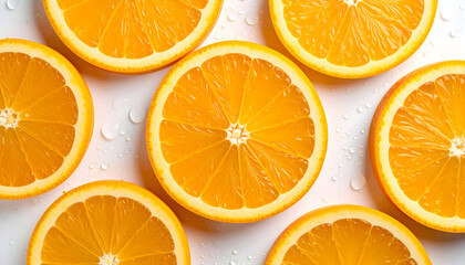 Fototapeta premium Close-up of multiple orange slices with shimmering water droplets, creating a fresh, juicy, and uplifting citrus pattern filled with brightness and detail.
