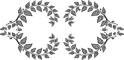 Monochrome black vector silhouette of a detailed symmetrical decorative leaf vine frame, forming two mirrored floral arches, ideal for invitations, borders, and vintage organic design, isolated.