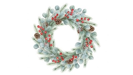 Winter holiday wreath watercolor illustration with frosted evergreen branches, red berries, eucalyptus, and pinecones for festive decor