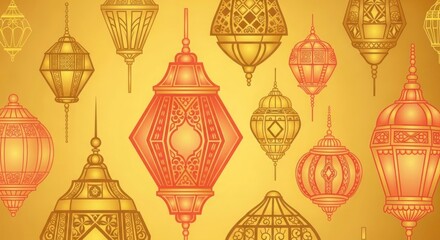 Collection of ornate traditional arabic lanterns in warm colors