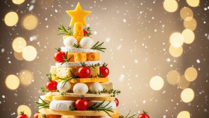 Creative christmas tree made of assorted cheeses, fresh cherry tomatoes, and rosemary sprigs, illuminated by festive bokeh lights and snow.