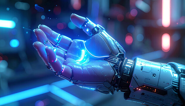 Technological Embrace: A robotic hand cradles a luminescent energy field. the image portrays a futuristic concept of technological integration and innovation.