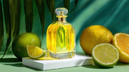 Luxury perfume bottle with citrus and tropical leaves