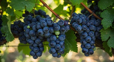 Fototapeta premium Close-up of ripe, dark grapes hanging on the vine, framed by green leaves, in natural light