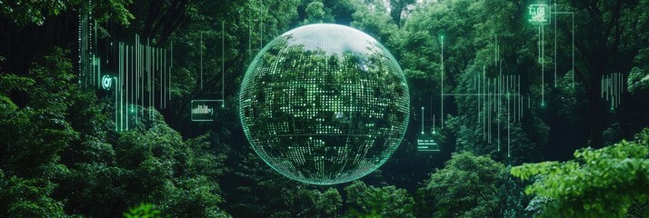 Futuristic green digital globe glowing in a lush natural forest.