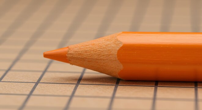 Close-up of a sharp orange pencil tip on a grid paper background - Powered by Adobe