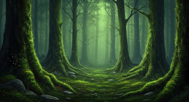 Enchanting forest scene with lush greenery and sunlight