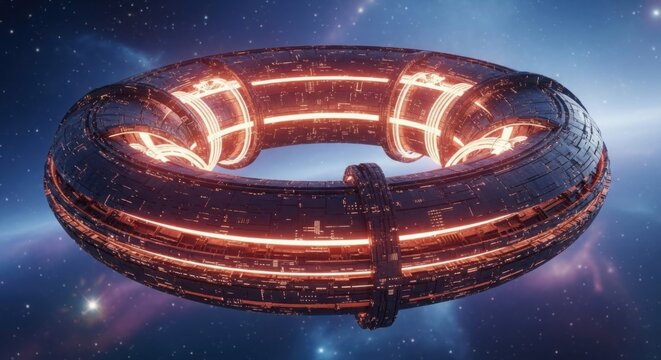 Futuristic glowing torus spaceship or alien artifact in space