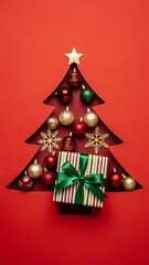 Christmas tree with ornaments and gift on red background