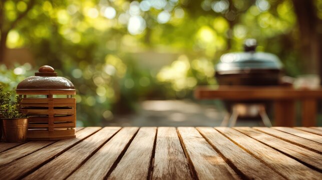 Garden Setting with Barbecue Grill and Wooden Table