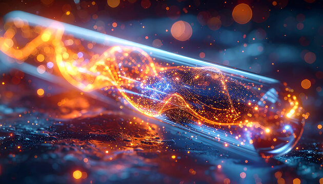 Illuminated DNA Sample: A captivating portrayal of a DNA sample housed within a glass tube, brilliantly illuminated by an intricate interplay of light and energy, symbolizing the essence of science.