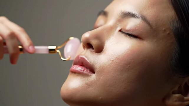 A young woman experiencing a tranquil facial massage using a delicate jade roller, focusing on skincare benefits and promoting ultimate relaxation