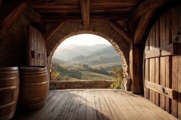 Obraz premium Illuminated Traditional Wine Cellar View of Vineyard