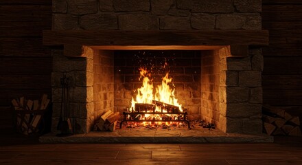 Fireplace with burning fire and wooden logs interior decoration