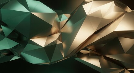 Abstract low poly geometric shape with metallic gold and green texture