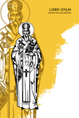 Religious vintage poster template with Basil of Ostrog. Christian illustration in Byzantine style