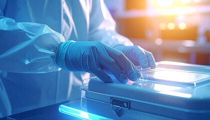 Scientific Precision: Hands, clad in sterile gloves, meticulously handle a laboratory tray, a scene capturing the essence of scientific precision, research, and healthcare.