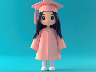 3D Asian girl in pink graduation gown and cap on light blue background, cartoon character style with long black hair. Minimalist design for graduation cards, social media promotions, and school event 