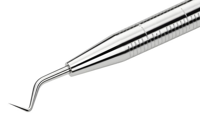 Close-up Product Shot of Stainless Steel Dental Probe Instrument Isolated on White Background