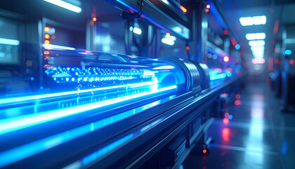 Cybernetic Passage: A futuristic perspective reveals a sleek, high-tech corridor, pulsating with vibrant electric light. The focus on technology evokes a sense of innovation and forward-thinking.