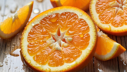 sliced orange on wooden background
