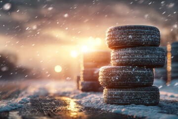 Car Tires Stacked on Icy Road with Falling Snow and Light
