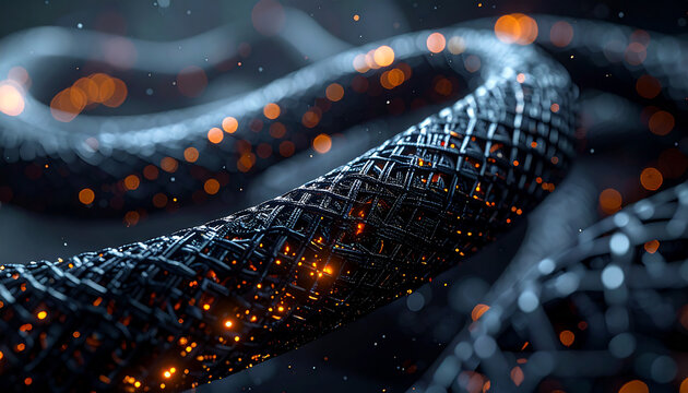Intricate Cable Design: A detailed view of a black cable, its complex mesh illuminated by radiant points of light, symbolizing technological innovation and modern connectivity.