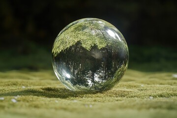 Futuristic green digital globe glowing in a lush natural forest.