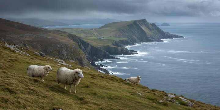 Sheep stand on a grassy cliff ledge above the grey Atlantic, wind sweeping through rugged Irish coastal hills and distant ocean.