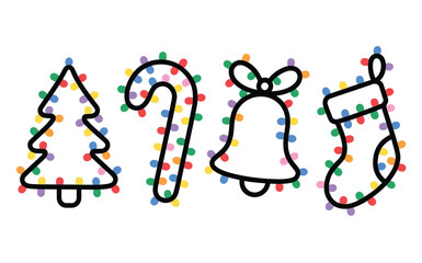 Christmas holiday icons decorated with colorful lights