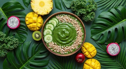 Healthy smoothie bowl with tropical fruits and green vegetables on green leaves