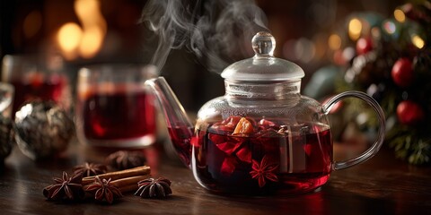 Steaming hibiscus punch with cinnamon and star anise glows deep red in a glass teapot amid Christmas decor and warm light.