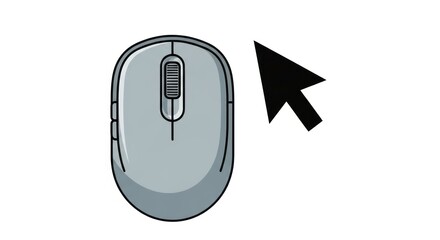 Gray computer mouse with cursor, vector graphic on white background