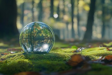 Futuristic green digital globe glowing in a lush natural forest.