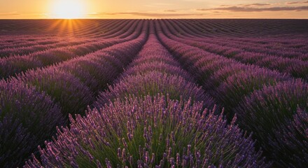 Obraz premium Lavender field rows at sunset sunlight nature scenery landscape